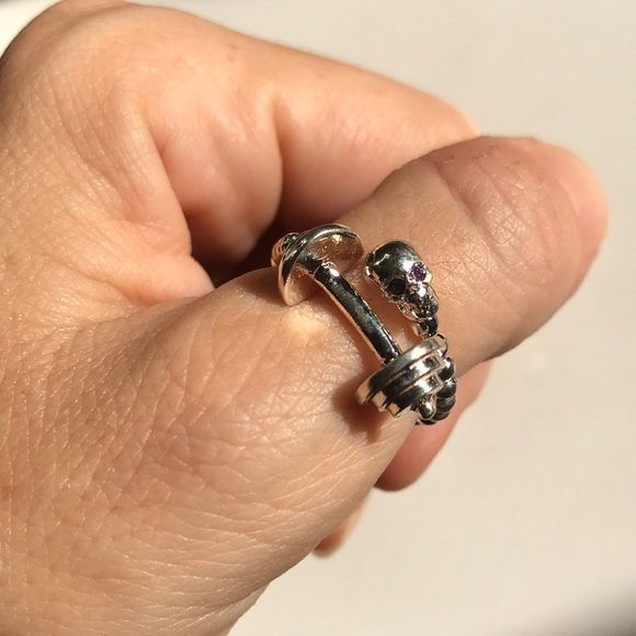 Sterling silver skull & dumbbell amethyst ring